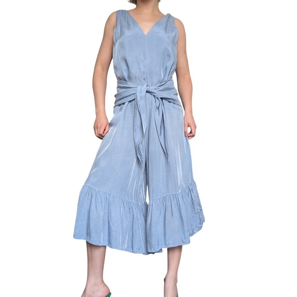 Tibi Coquette Romantic Boho Blue Satin Ruffle Wide Leg Tie Waist Jumpsuit